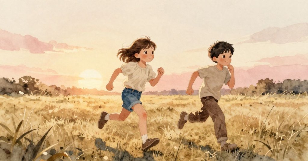 馬倫和班在夕陽餘暉中疾跑向場中央,發現藏於落葉下的石塊,暖光中流露著欣喜與完成感