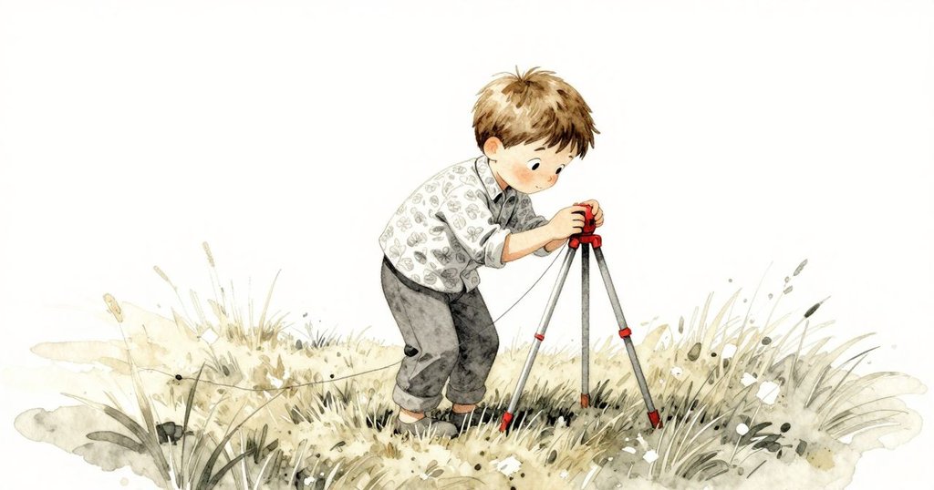 伊萊好奇地靠近三腳架，伸手觸摸陽光溫暖的繩子，草地上散布著柔和的影子，展現探索初期的驚奇