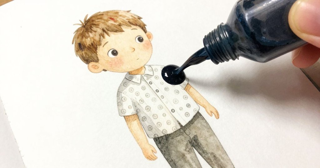 伊萊輕輕甩動瓶子，從細縫處緩緩流出顏料，特寫展示顏料絲與紙面上微妙的滴落，充滿細節