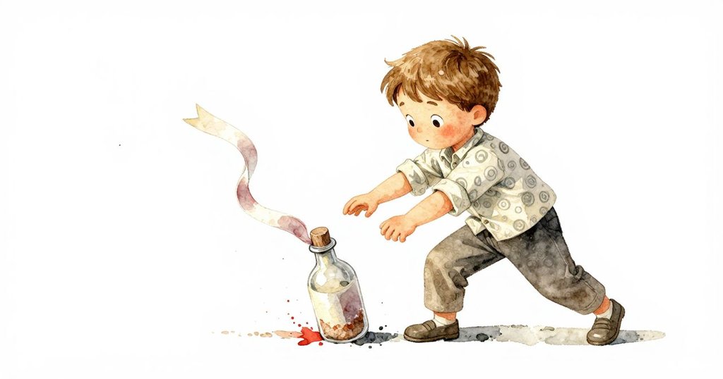 伊萊輕觸瓶底，注視顏料絲斷裂飛散，傾斜角度動感捕捉瞬間，呈現出驚訝與專注的表情