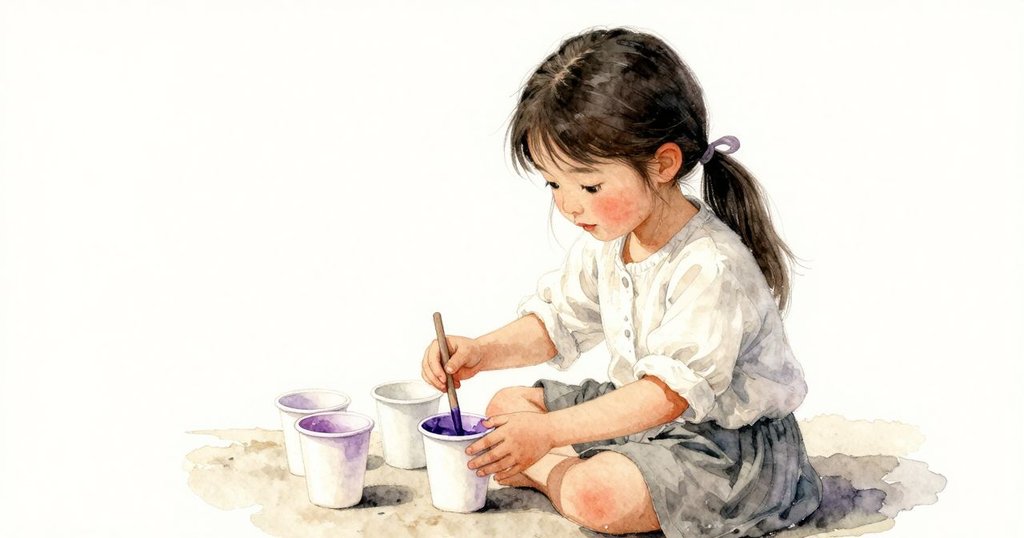 烏蘇拉正用攪拌器輕輕攪拌紙杯中鮮豔的紫色顏料，夕陽柔和光線灑下，呈現專注而溫馨的情景