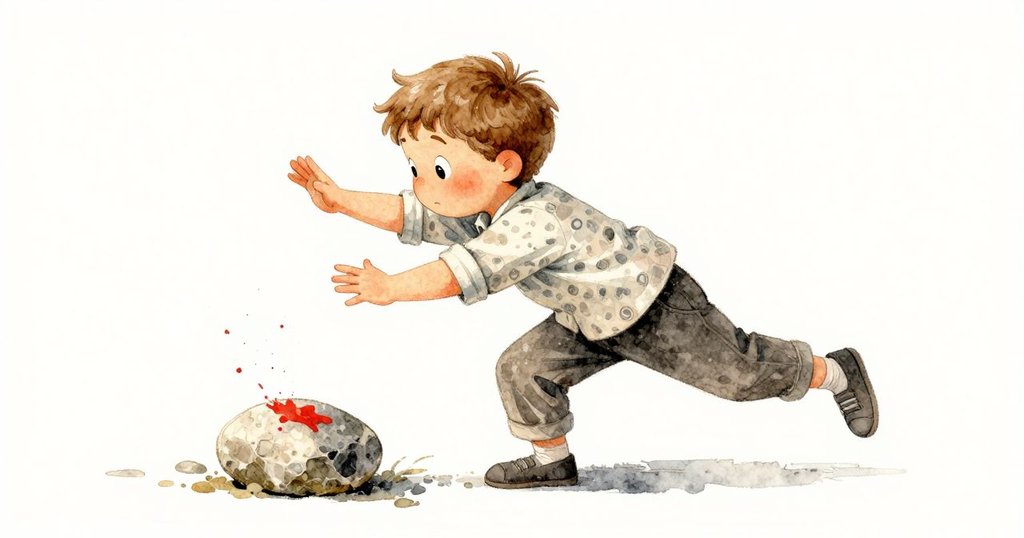 伊萊迅速側移，用力壓下堅定的石頭固定紙張角落，捕捉到顏料急流停止前的瞬間，表現果斷與動感