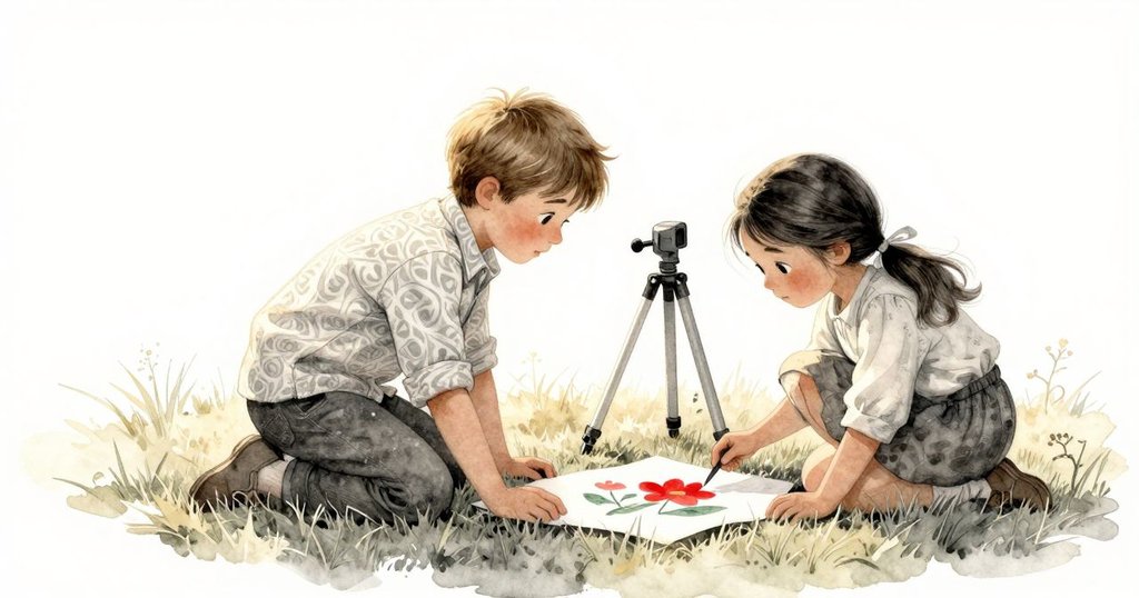 伊萊與烏蘇拉並肩站立欣賞固定好紙張與穩固的三腳架，夕陽餘暉灑滿草地，充滿滿足與溫馨氛圍