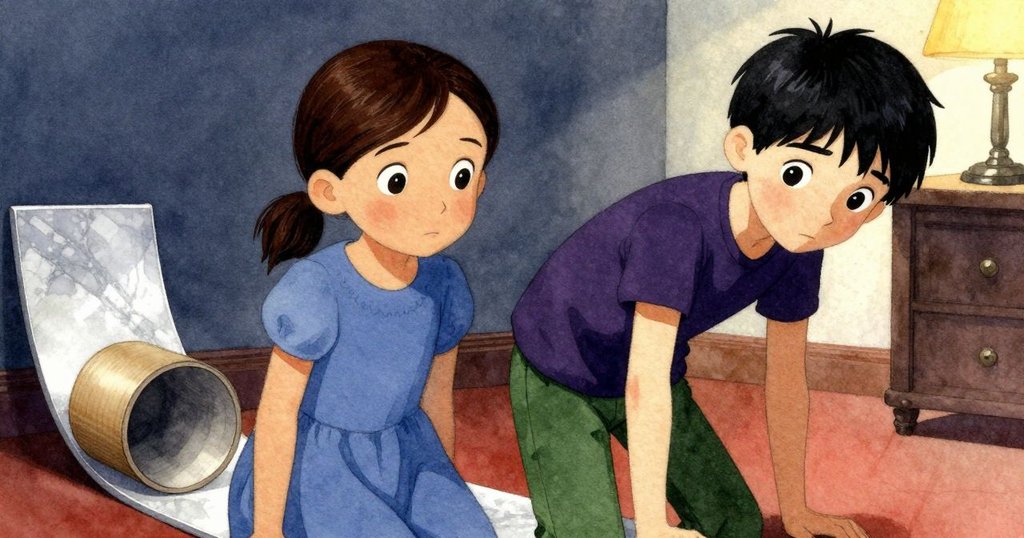 萊拉蹲低用手指輕敲紙板管, 肯特皺眉檢查傾斜木塊塔, 客廳中藍灰地毯和暖燈光營造不安氣氛