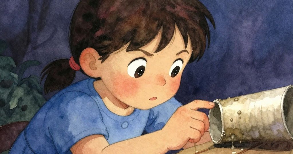 萊拉特寫專注敲擊沾濕紙板管, 表情謹慎細膩, 溫柔側光突顯情緒, 敘事進入細節刻畫