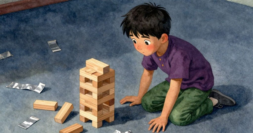 肯特從高處俯視, 膝跪檢查搖搖欲墜木塊塔, 銀色膠帶散落藍灰地毯, 氛圍透露小心審慎