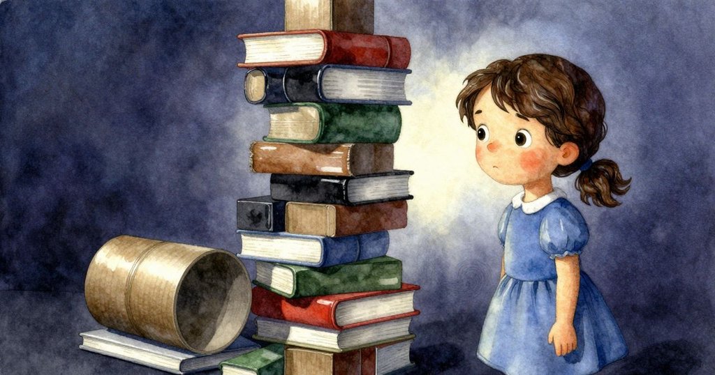 萊拉伸手調整閃亮書本, 紙板、平裝書與木塊排列呈超現實視角, 畫面角度錯落營造緊張懸疑