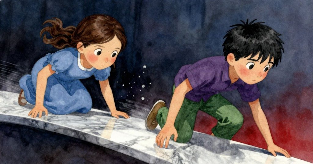 球快速穿越書本彎道, 銀色水珠飛濺, 萊拉與肯特神情緊張, 場景充滿懸念與期待, 敘事邁向高潮