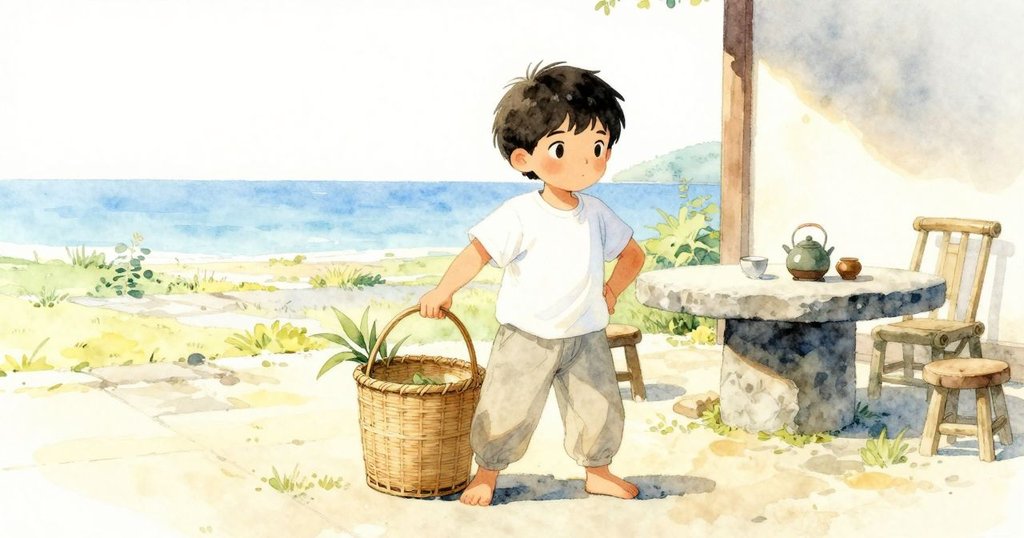 阿羅站在石桌旁,手拿竹籃,背景茶庭寧靜,陽光和煦,心情平和展現準備開始一天工作