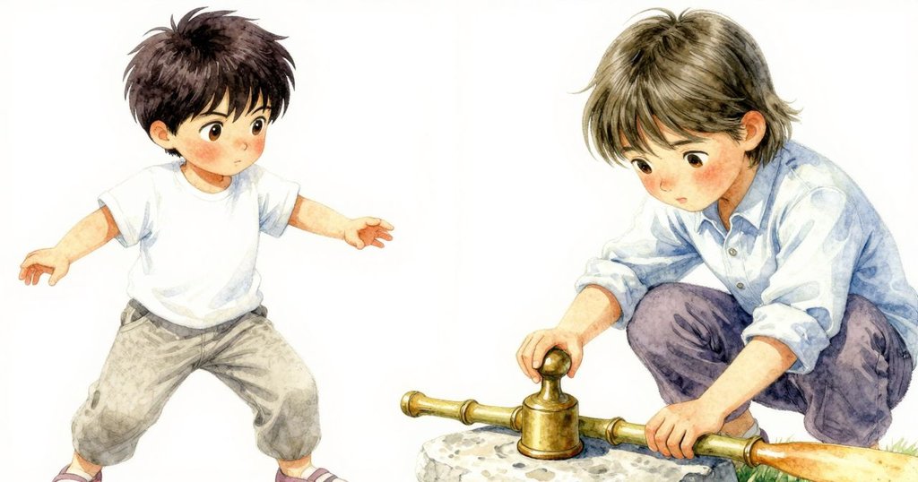 靠近畫面,一枚亮銅重物與竹槳互動,周圍散落著枯葉,石面光滑,象徵細微平衡感