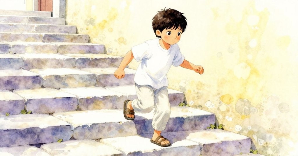 阿羅沿著石階急步上行,腳踏實地,背景展現茶庭過渡空間,柔和光線中充滿期待感