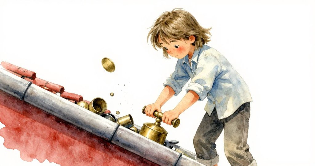 銅重物順石水渠滾動,觸碰篩子引起錫罐碰撞,格蘭表情微驚,動感場面交織響聲