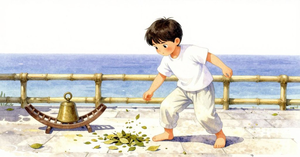 阿羅彎腰收拾散落在石桌上的枯葉,銅重物微晃於竹欄邊,最終達成安定平衡和舒緩結局