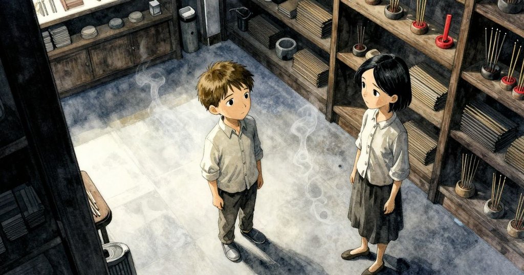 溫德進入香道鋪，從鳥瞰角度呈現店內木架、紙巾與入口的冷藍光，雅絲敏在背景整理緞帶，情節開端