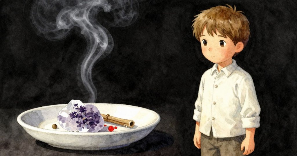 溫德正輕撫台上淡藍薰香碎片與霜白松枝，近距離展現細膩煙霧起舞，情節展開