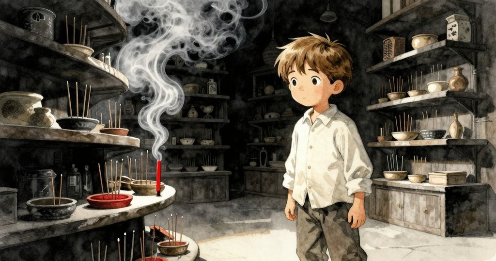 溫德在奇異扭曲的香鋪內調整銅秤，環境中木板延伸不尋常，銀煙彌漫，情節達到高潮