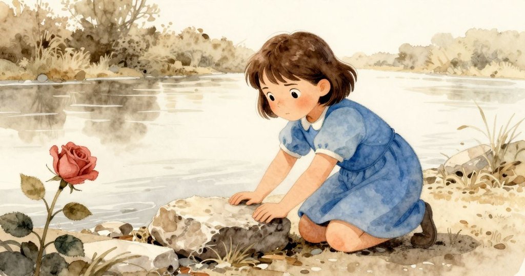 莉莉在春日河岸彎腰觸摸質感粗糙的石頭,背景展現溫暖陽光與自然風景,她神情充滿期待與探索