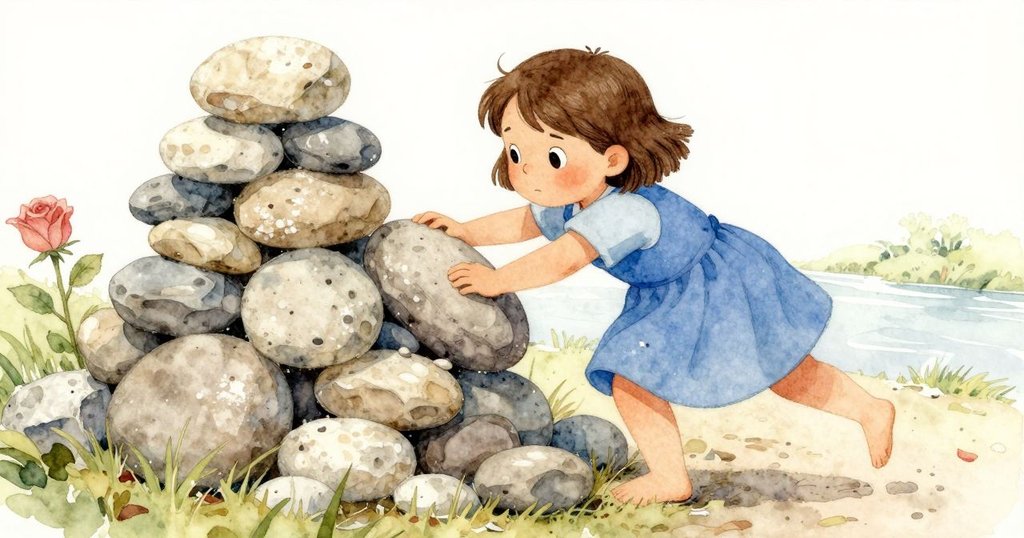 莉莉目光堅定地將一塊深色橢圓石塊滑入石塔中,構圖展現分層進度與開闊河岸景致