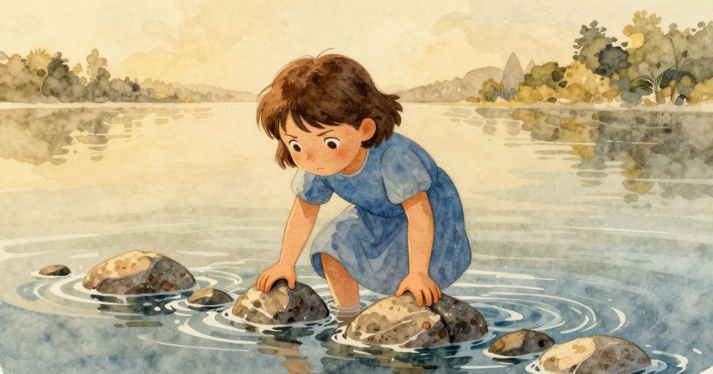 莉莉在河邊微彎身軀從水中提起浸濕石塊,水面映出涼爽光影,情景洋溢著探險與細膩情懷