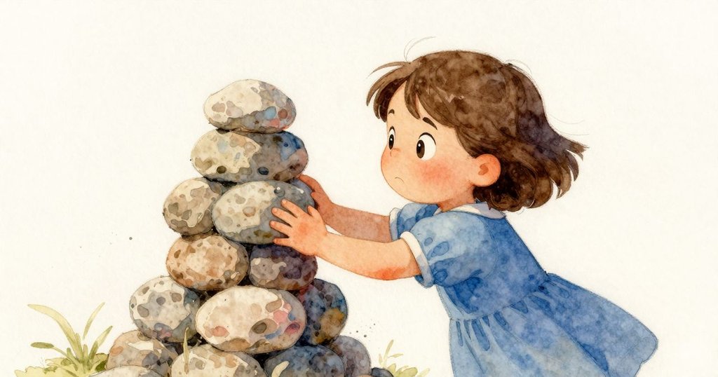 莉莉在側角鏡頭下穩固最後一塊石頭,石塔微微搖曳於微風中,她臉上展現堅定與完成後的滿足