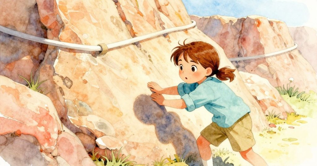 Gemma站在露天挖掘坑中，注視牆上彎曲的淡色線條，日光明亮，充滿好奇心與探索感。