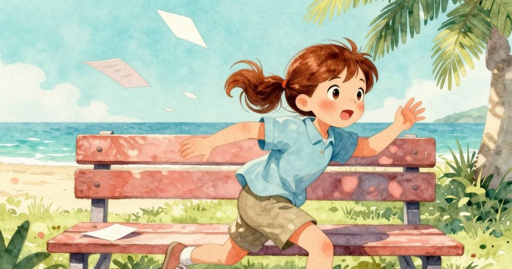 Gemma在明亮陽光下追逐散落在工作臺上的筆記頁，場景生動展現緊迫與珍惜發現的情感。