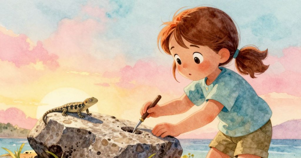 Gemma在挖掘坑石面上細心操作牙錐，近鏡頭捕捉一隻小蜥蜴安靜觀察，充滿溫暖與探索的氣息。