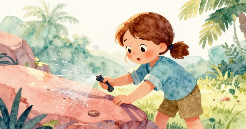 傍晚光線下，Gemma使用噴霧瓶輕噴水滴使化石線條更加明顯，光影柔和呈現轉變瞬間。