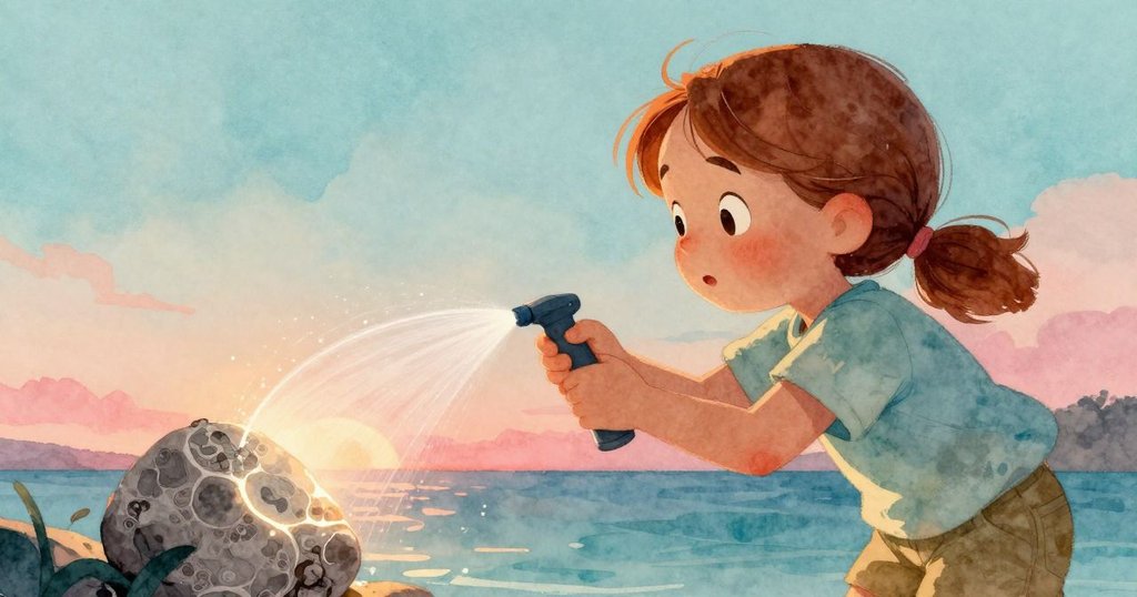 Gemma靜靜看著發光化石弧線，手持噴霧瓶，臉上滿是反思與滿足，暮光中展現探索圓滿結局。