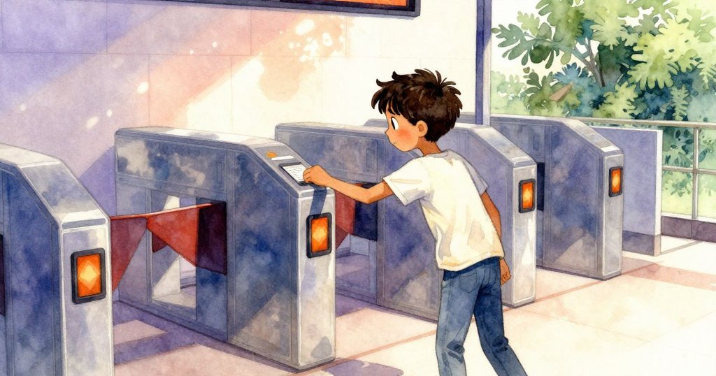 Selwyn在車站用票卡刷閘,閘機顯示紅叉,畫面傾斜,表情略帶困惑,背景充滿現代車站元素
