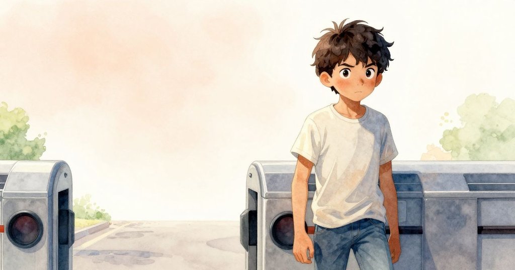 Selwyn站在閘機旁,周圍留有廣闊空白,表情沉思,孤單卻充滿決心的氛圍