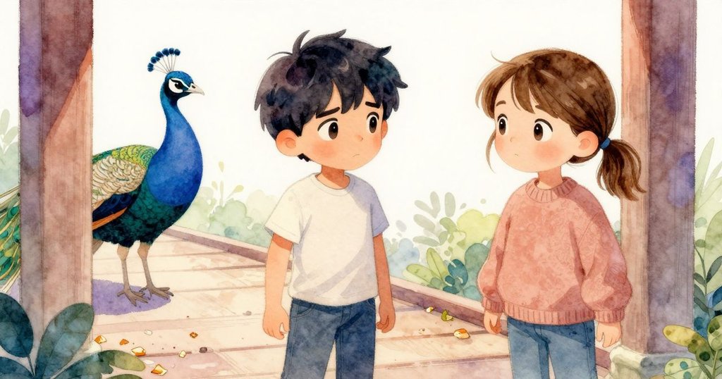 孔雀在天橋上悠閒行走,尾羽散發銅藍光澤,地上有糕點碎屑,小孩驚奇觀望,畫面充滿神秘感