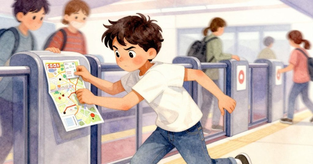 Selwyn在月台中迅速從地圖後取出票卡,動作果斷迅捷,周圍人群匆忙,表情堅定充滿決心