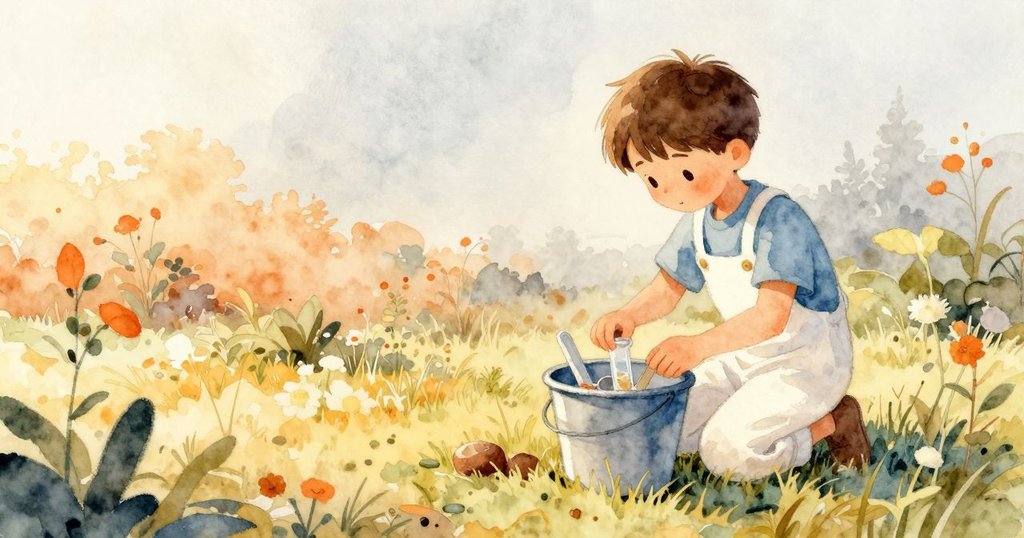 艾斯梅在花園中準備實驗，背景有肥皂水桶和柔和陽光，面帶平靜且期待的神情