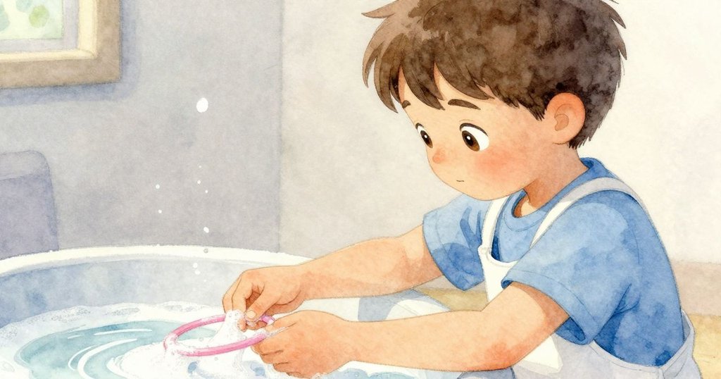 艾斯梅專注地把衣架圈插入冷卻的肥皂水中，手部動作細膩，背景呈現柔和光暈和流動顏色