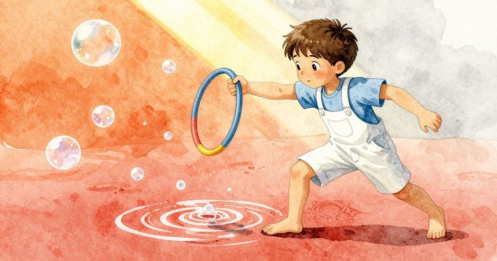 艾斯梅快速改用輕便塑膠瓶圈，動作優雅如舞，背景中風吹動灌木及皺褶的肥皂膜營造出動感氛圍