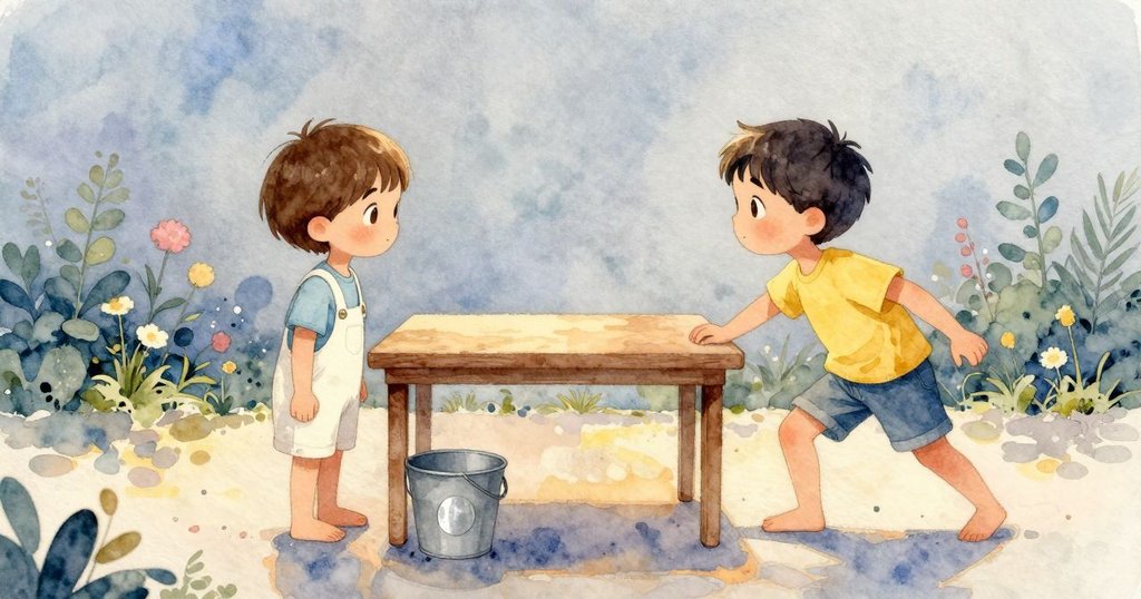 實驗結束，艾斯梅將塑膠瓶圈放在桌上，桶內留有銀色痕跡，背景花園逐漸恢復寧靜，諾爾靜靜陪伴