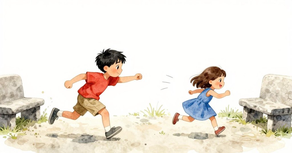 雷米指示雅拉撿起石凳上的捲盤，雅拉動作迅速，背景為草地走廊與明亮開闊場景，展現冒險開始