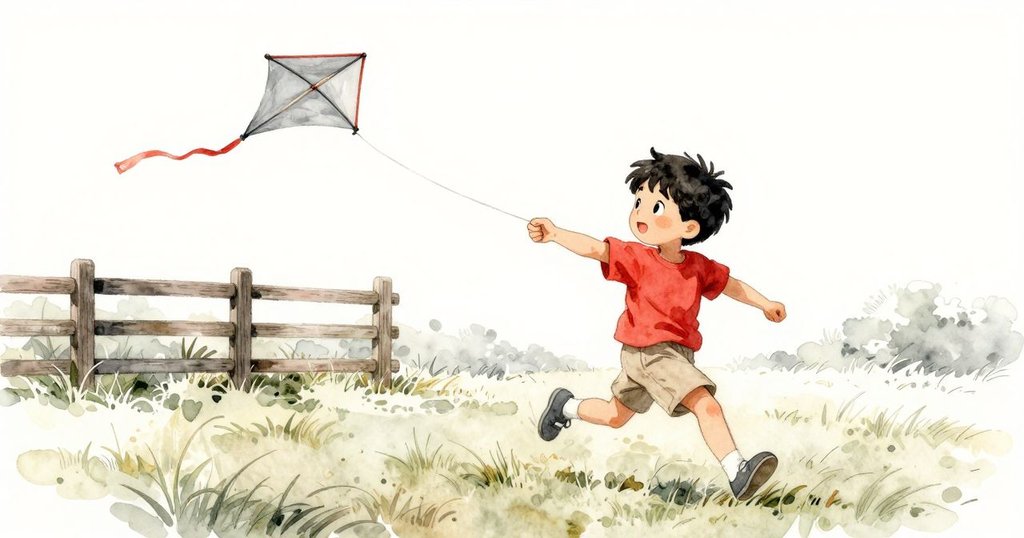 雷米在草地上奔跑，風箏靠近矮木柵欄，線盤扭曲如電話線，背景層次分明，動作充滿決心與挑戰