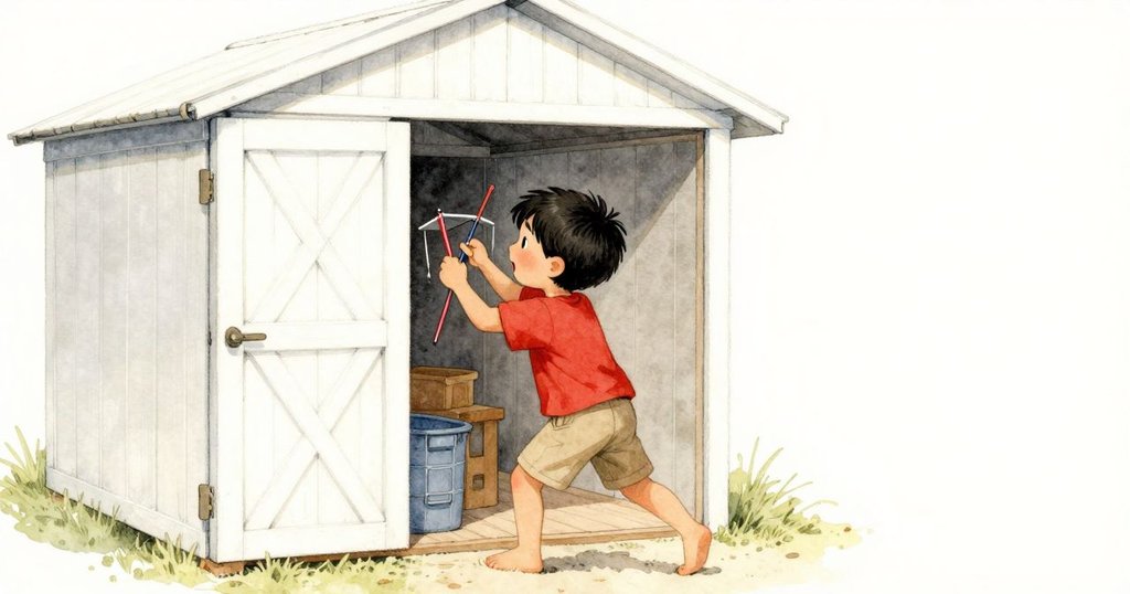 雷米在家庭儲藏室內檢查風箏修理工具，透過開放的門望見外部遊樂區，室內暖光與室外明亮融合，展現專注神情