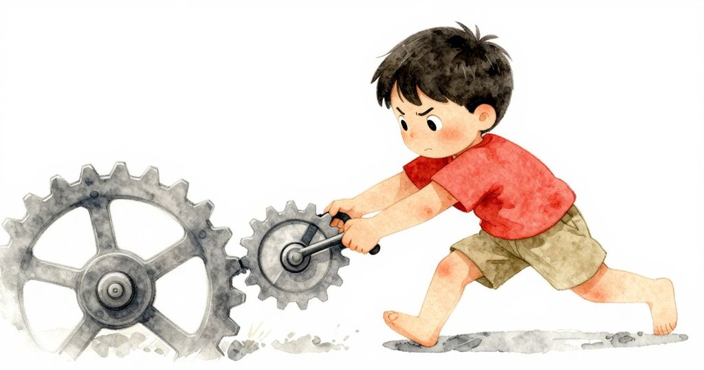 雷米專注地解決捲盤卡住問題，手指用力按壓釋放按鈕，面容流露挫折與決心，背景為溫和戶外場景