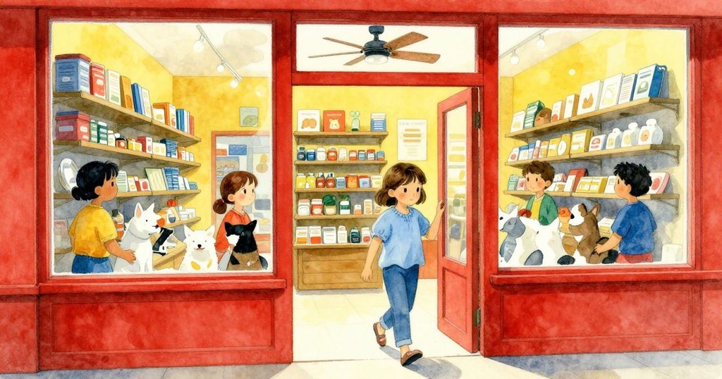 Ruby走進充滿活力的寵物店，風扇轉動，反射中展現堅定神情，後景有忙碌的店員整理商品，充滿希望與動感。