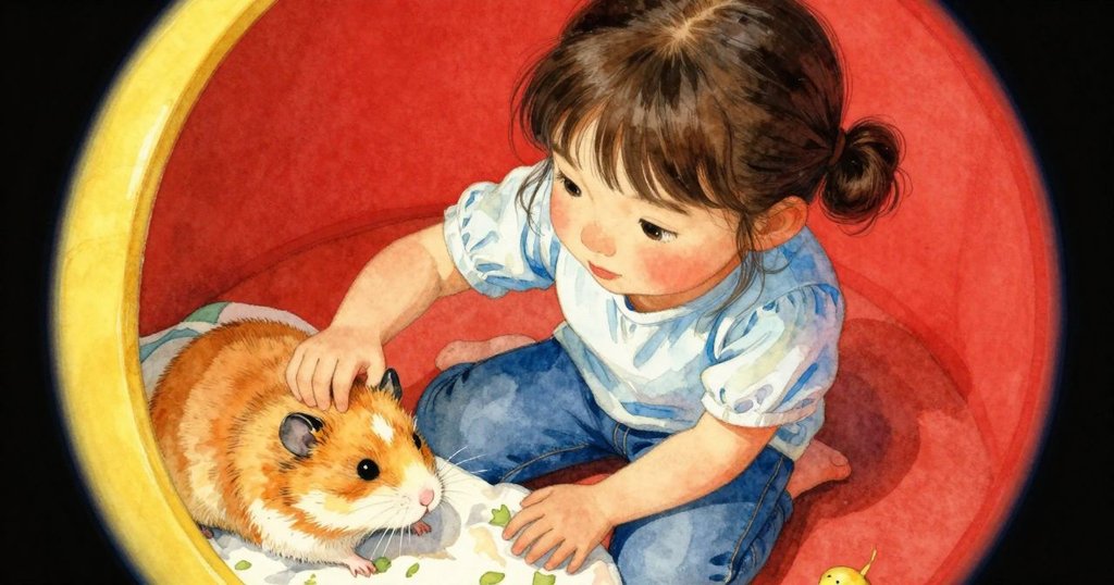 鏡頭拉近捕捉Ruby專注等待時刻，籠中奶油斑倉鼠微顯獨特色斑，細節豐富展現時間流動感。