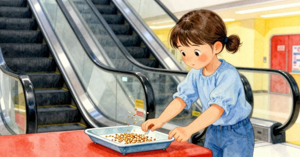 Ruby目光專注後退，瓢落的飼料粒沿著秤台滑落，背景中扶梯緩行著購物人群，時光靜與動並存。
