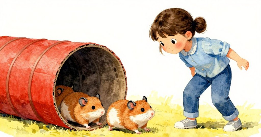 倉鼠在紙箱通道旁歡快翻滾，Ruby臉上露出欣慰笑容，現場洋溢著溫暖慶祝氣氛，動靜結合。