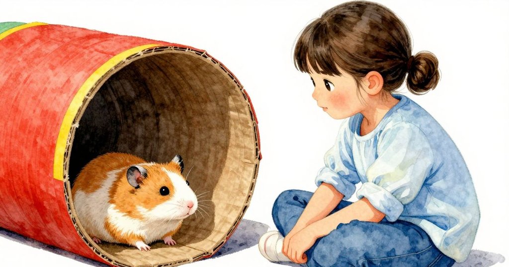 倉鼠舒展於紙箱隱窩中，Ruby靜立旁邊沉思，柔和燈光營造出平和安逸的結局，故事靜謐尾聲。