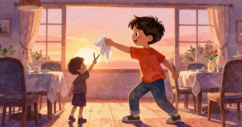 布萊克在溫暖餐廳中正從桌上摺疊餐巾中取下塑膠切蛋糕器,剪影映襯期待與專注表情