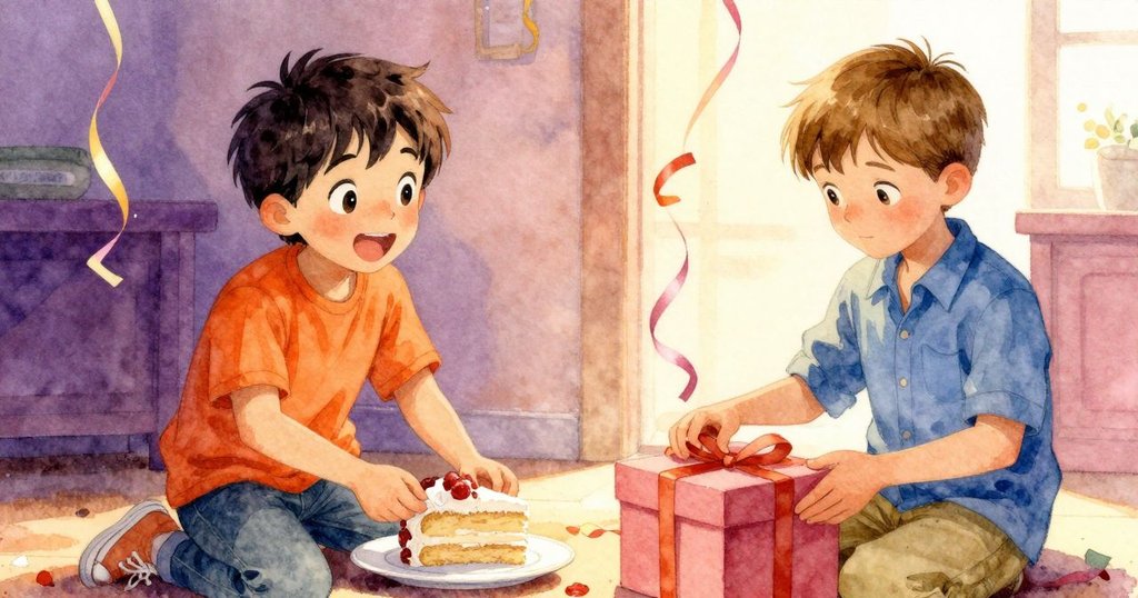 室內一邊朱德森快樂地遞送蛋糕,另一邊布萊克悄然靠近綠色禮盒,彩帶飛舞中展現節日歡樂