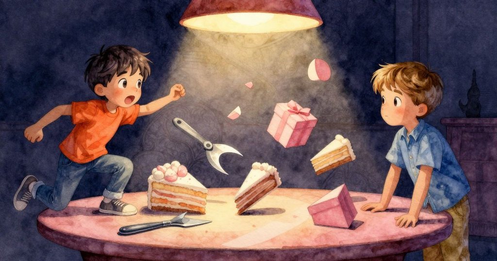 室內餐桌上蛋糕、禮盒和切割器以不可能幾何方式排列,營造出神秘又奇幻的場景,細節豐滿