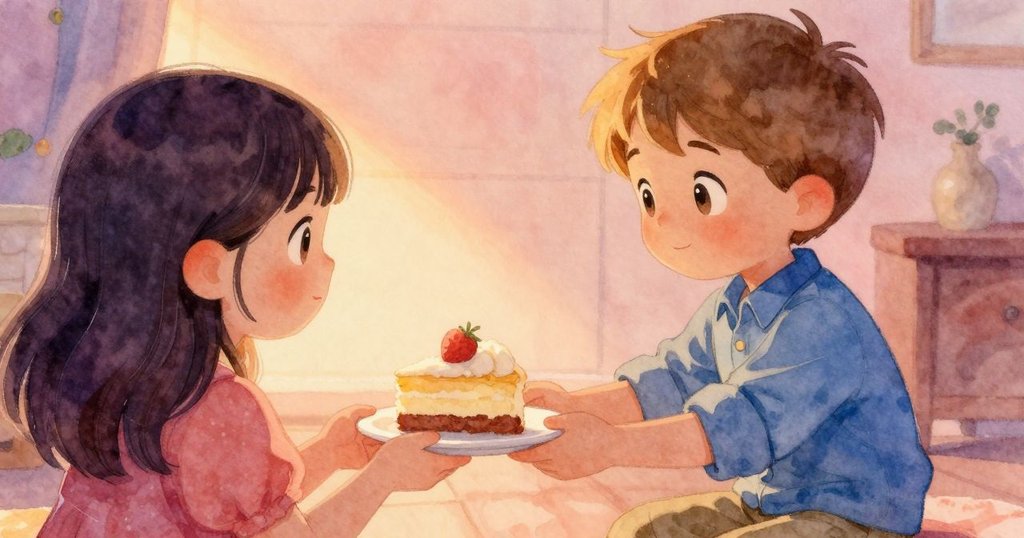 朱德森在夕陽般的金光中將整齊蛋糕片遞給表親,面露溫柔笑容,場景充滿溫馨與結局之美